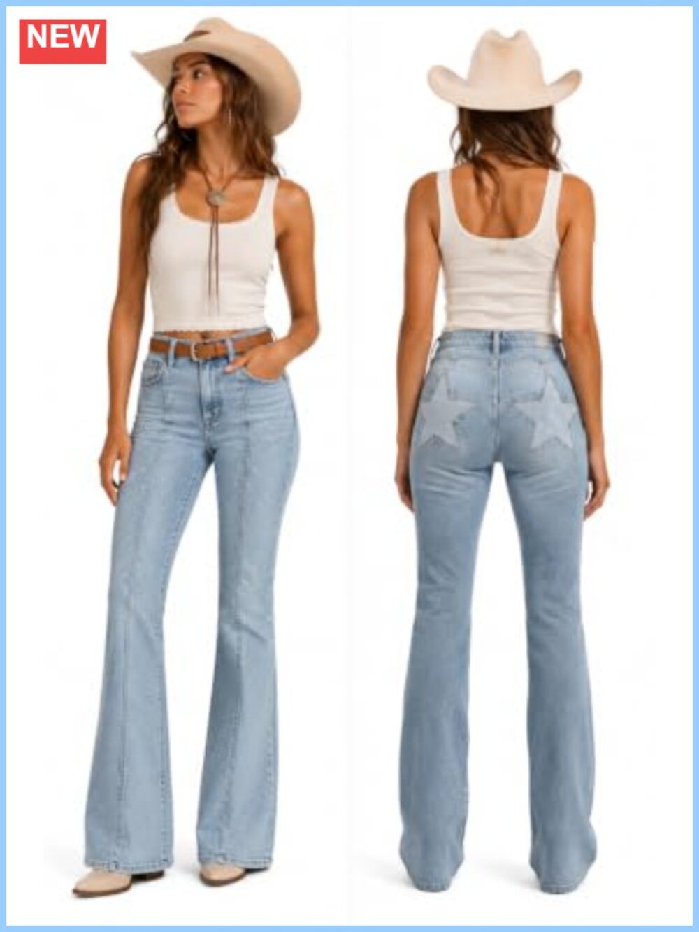 Women's Flare Jeans High Rise Star Back Applique Western Extra Long Denim
